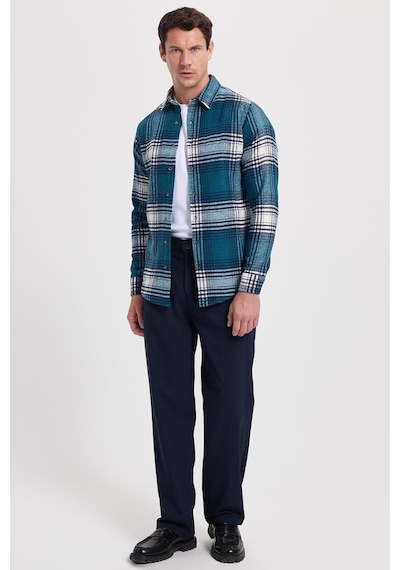 Tudors Erkek Slim Fit Dar Kesim Kareli Kışlık Oduncu Gömlek-42374 Petrol