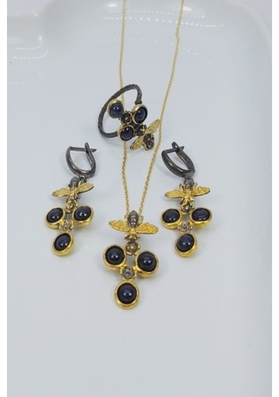 925 Ayar Safir Taşlı 3 Lü Gümüş Set