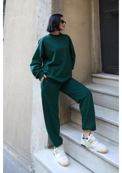 Mezka Regular Fit 2'li Takım Sweatshirt Beli Lastikli Jogger Eşofman Altı Yeşil