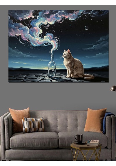 Gece Beyaz Kedi Dekoratif Kanvas - Mdf Ahşap Tablo