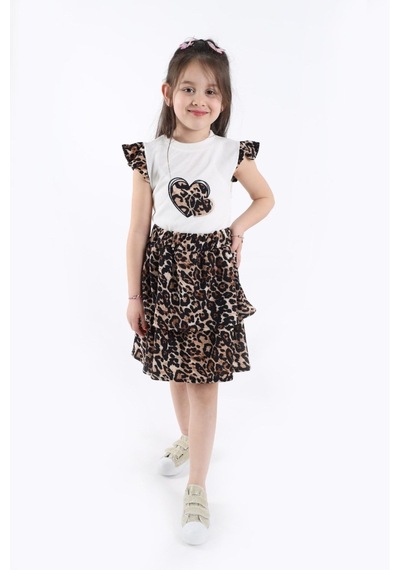 Aden Kids Kız Çcouk Leopar Desenli Alt Üst Etekli Takım Kahverengi