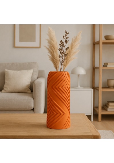 3d Baskı Vector Vazo - Geometrik Çizgili Dekoratif Vazo-turuncu Çok Renkli