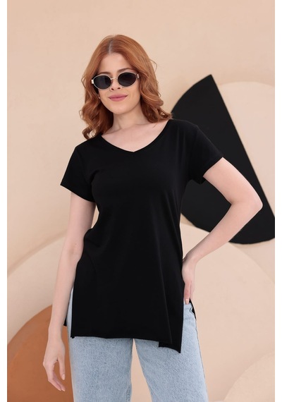 Bbbutikbasic Yırtmaçlı Uzun Basic Tişort Hkn34 Siyah