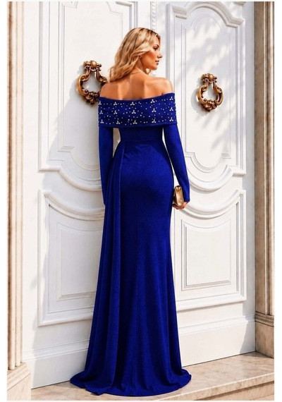 Lior Design Kadın Şık Model Degaje Yaka Dekolteli Maxi Uzun Kollu Abiye Elbise Saks