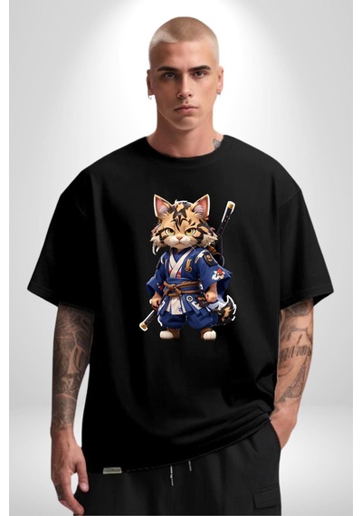 Asyalı Kedi Samuray Savaşcı Pamuklu Bisiklet Yaka Unisex Oversize Boyfriend Dijital Baskılı Siyah T-shirt Siyah