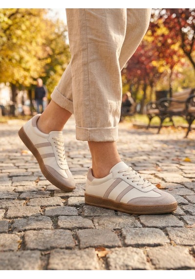 Potinonline 810 Kadın Hakiki Deri Süet Yanı Çizgili Sneaker Ayakkabı Bej