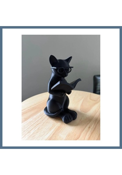 Buradabulabilirsin 3d Baskı Gözlüklü Kitap Okuyan Kedi Figürü Masaüstü Dekoratif Kedi Heykeli Siyah Bbz