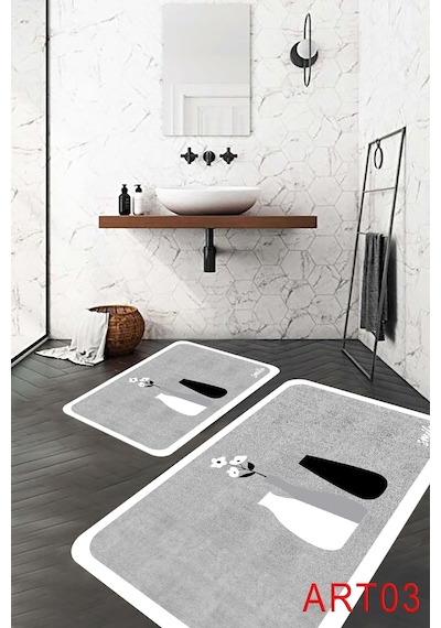 Eco Concept Banyo Paspası, Kaymaz Taban, Çiçek Desenli, Klozet Ta Gri - Beyaz