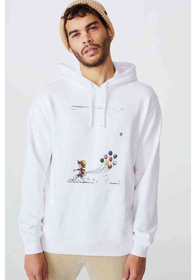 Anime One Piece Balon Baskılı Beyaz Erkek Örme Kapşonlu Sweat