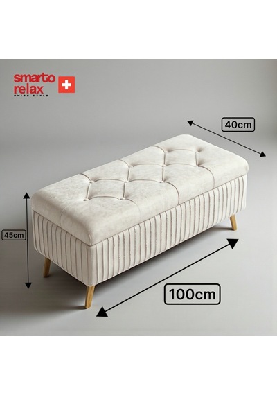 Smarto Relax Swiss Style Puf , Appenzell Kapitone Sandıklı Puf, Babyface Kaplama, 100x40x45 Cm, Ahşap Ayaklı ,sandıklı Dekoratif Puf Ekru Bej