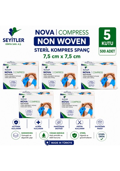 Seyitler Nova Nonwoven Kompres Steril 7,5cm X 7,5cm Spanç 100'lü Kutu - 5 Kutu