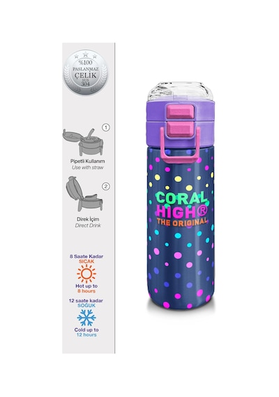 Coral High Kids Lacivert Puantiyeli Desenli Pipetli Ve Direkt İçim Çelik Termos 500 Ml 31872 Lacivert