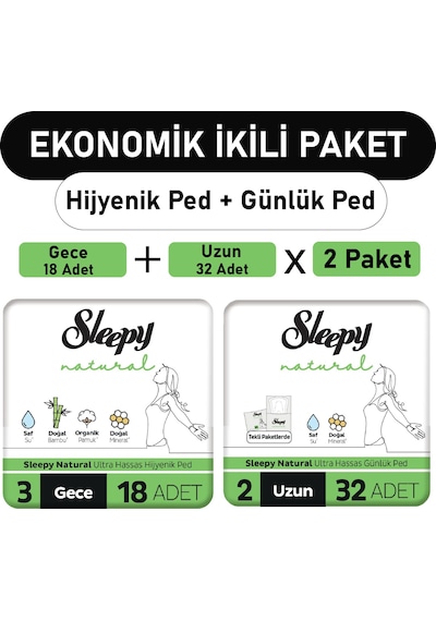 Sleepy Natural Ultra Ped Gece 18'li + Uzun Günlük Ped 2 x 32'li
