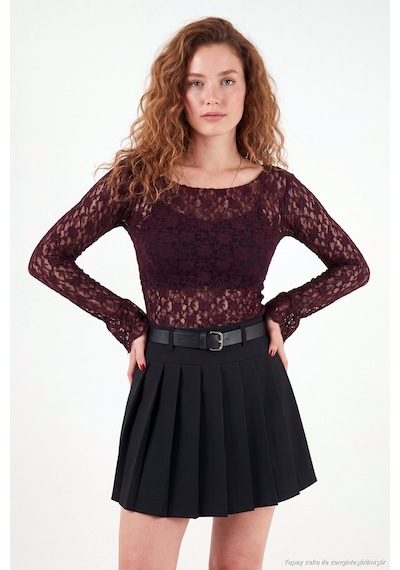 Lela Çiçek Desen Dantelli Kayık Yaka Bluz Kadın Bluz 5867118 Bordo