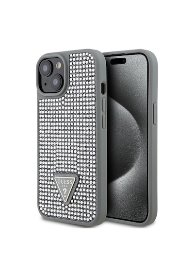 Apple Uyumlu iPhone 14 Kılıf Guess Lisanslı Taşlı Arka Yüzey Üçgen Logolu Kapak Gümüş