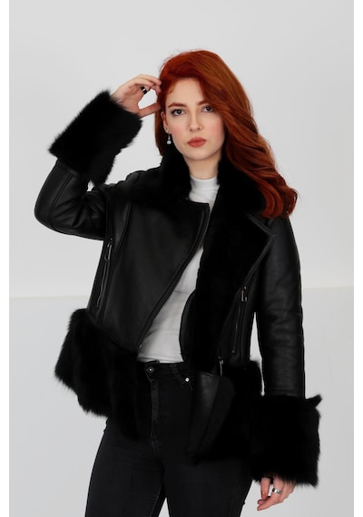 M M Marki Marki Lux Hakiki Deri Mont, Gösterişli Kürk Yaka/bilek/etek, Su Geçirmez - Siyah Elegant Fur - 103422