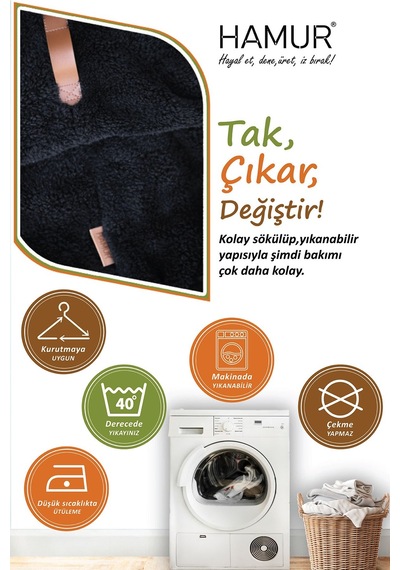 Yıkanabilir Puf Tabure Kılıfı Tak-Çıkar-Değiştir-Yenile Orta Sehpa Kılıfı Kc Teddy Siyah