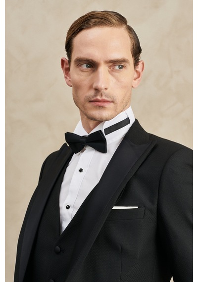 Ac&Co / Altınyıldız Classics Erkek Sıyah Slim Fit Dar Kesim Kırlangıç Yaka Desenli Klasik Smokin Takım Sıyah Siyah
