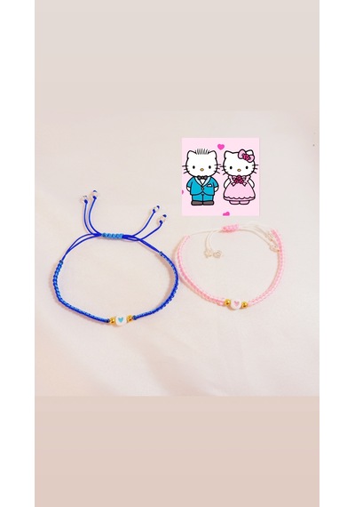 Hello Kitty Sevgili Kalp Detaylı Makrome Çift Bileklik Seti Çok Renkli