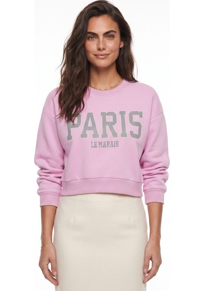 Onloox Kadın Şeker Pembe Şeker Pembe Pamuklu Bisiklet Yaka Üç İplik Şardonlu Paris Baskılı Ribanalı Sweatshirt