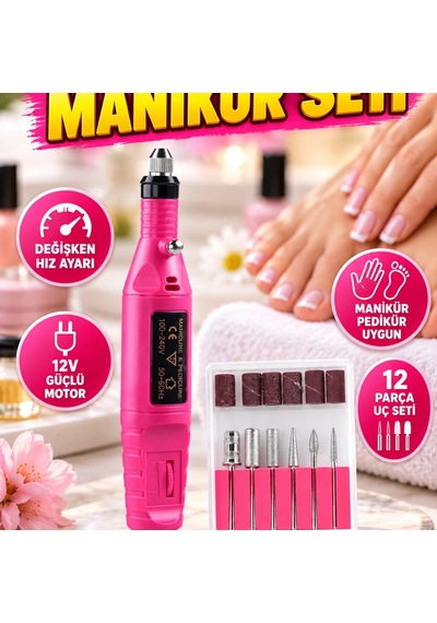 Elektrikli Manikür Pedikür Tırnak Törpü Makinesi 12v 12 Parça Uç Setli Değişken Hızlı Bakım Cihazı