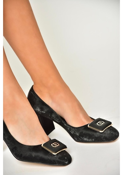 Fox Shoes U820954404 Siyah Kumaş Kalın Topuklu Kadın Ayakkabı Siyah