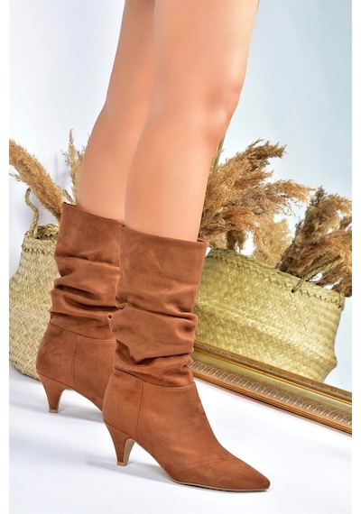 Fox Shoes Taba Süet Kısa Topuklu Büzgülü Kadın Bot L404810602