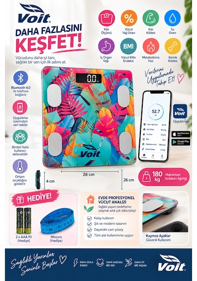 Voit Colorful Bluetooth Baskül Dijital Akıllı Tartı Yağ Ölçer Tartı