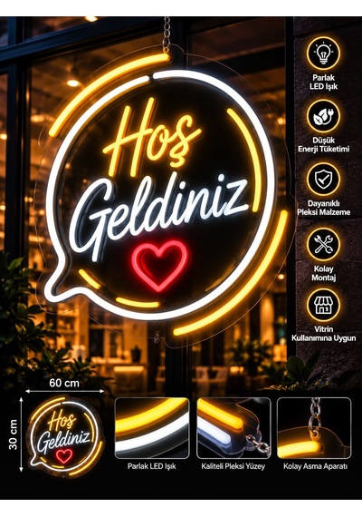 Hoş Geldiniz Neon Led Tabela 60x30 Cm Işıklı Pleksi Karşılama Tabelası Vitrin Dekorasyon