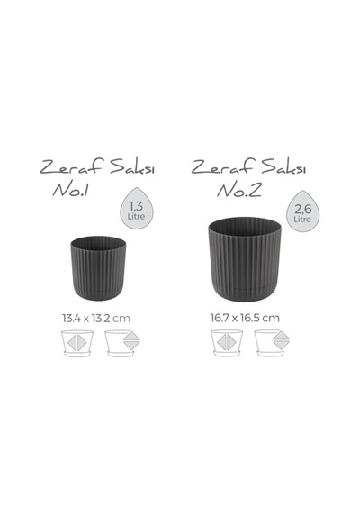 Zeraf Yuvarlak Saksı Seti 1,3 Litre + 2,6 Litre, İç Mekan - Dış Mekan 2li Ekonomik Set Antrasit Renk
