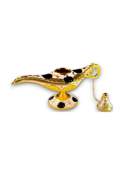 Aladdin Sihirli Lambası Mineli Renkli İşlemeli Dekoratif Biblo Alaattin Metal Çelik 22x11 CM