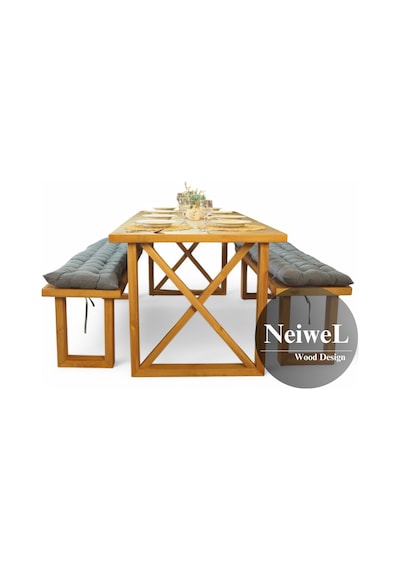 Neiwel Move Doğal Ahşap Banklı Yemek Masası Takımı-80-180 Takım Açık Ceviz