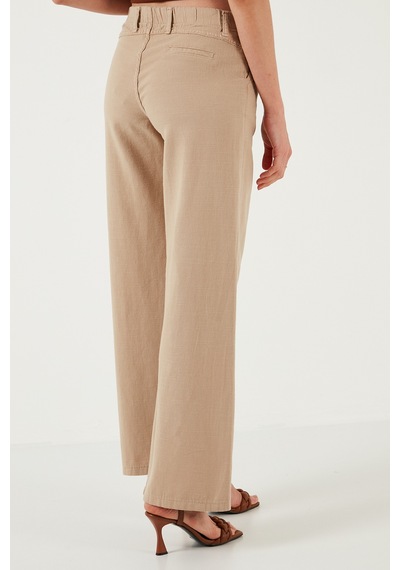 Lela Pamuklu Standart Fit Yüksek Bel Geniş Paça Bayan Pantolon 668Yp5193 Camel