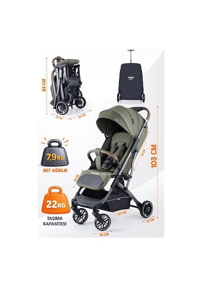 Prego Lotus Pro Kabin Boy Bebek Arabası - Tek Elle Katlanır -Hafif -UV Tenteli - Yağmurluk-Ayak Örtüsü-Kılıf