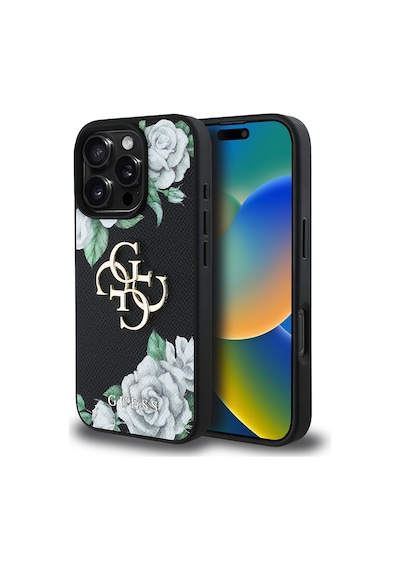 Apple Uyumlu iPhone 16 Pro Kılıf Guess Lisanslı Beyaz Gül Baskılı Büyük 4g Metal Logolu Kapak Siyah