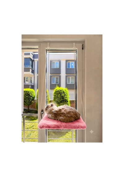 Askılı Kedi Pencere Yatağı - Peluş Kumaşlı Cam Önü Kedi Hamak Yatağı Pembe