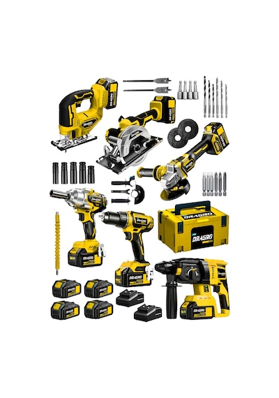 Dragro Alman DRG-6LST Kömürsüz S 6 x 4 6'li Set Kırıcı Delici + Somun Sıkma + Taşlama Makinesi + Matkap + Dekupaj + Sunta Kesme