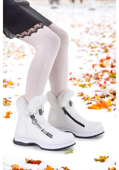Kiko Kids 250 Rugan Çatlak Fermuarlı Kız Çocuk Bot Ayakkabı Beyaz