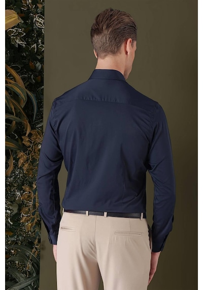 Efor Slim Fit Düğmeli Yaka Esnek Pamuk Klasik Lacivert Gömlek Gk 708 Lacivert