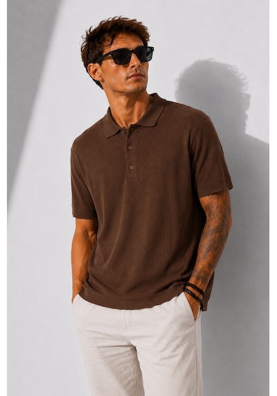 Ribana Erkek Kısa Kollu Fitilli Yarım Düğme Kapama Polo Yaka T-shirt 26001 Kahverengi