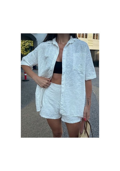 Nido Moda Kadın Oversize Fisto Gömlek Ve Beli Lastikli Şort İkili Takım Beyaz