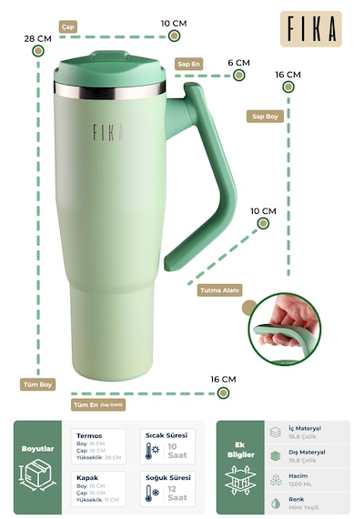 Fika Lumi Patentli Döner Kulplu Sızdırmaz Çelik Termos 1200 Ml - Bej Mint Yeşili