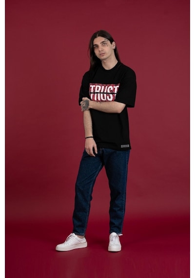 Oversize Bisiklet Yaka Baskılı Erkek Penye T-Shirt