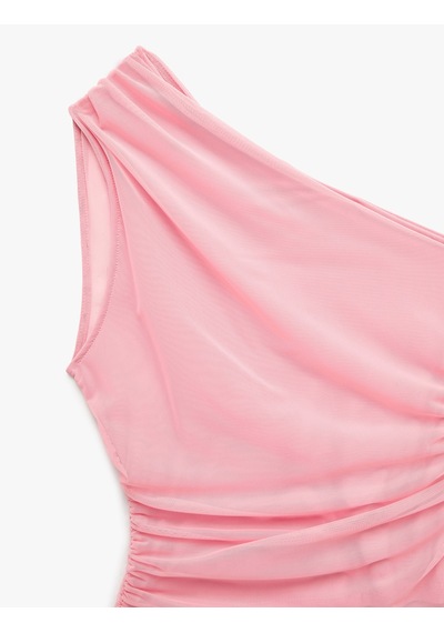 Koton Slim Fit Drapeli Tül Tek Omuz Bluz Pembe 6sak70052ek Gül