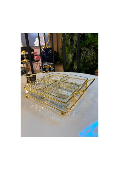 Ars Paşabahçe Frezya Yaldızlı Kare Kase, Metal Gold Standlı 4'lü Çerezlik, Sunumluk, Kahvaltılık