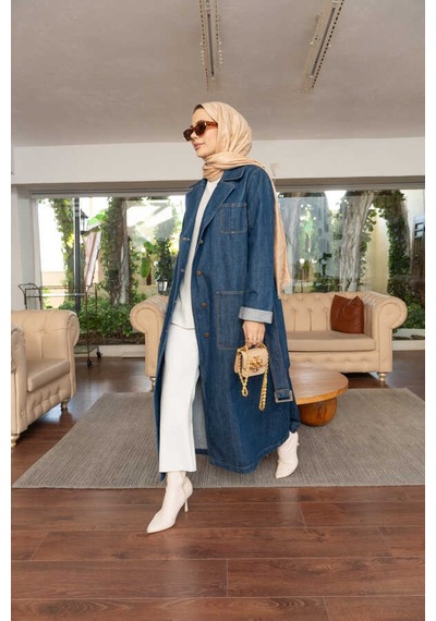 Neways 6655-kuşaklı Denim Ceket Koyu Mavi Koyu Mavi