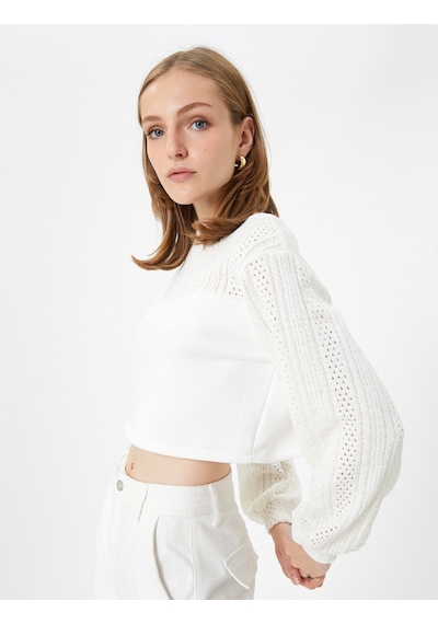 Koton Crop Kazak Ajurlu Balon Kollu Bisiklet Yaka Ekru 4wak30091ek 4WAK30091EK010 Ekru