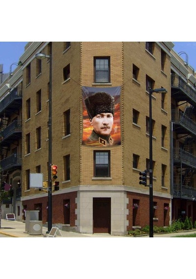 Kalpaklı Mustafa Kemal Atatürk Poster Cephe Bayrağı- 2x3 Metre 1