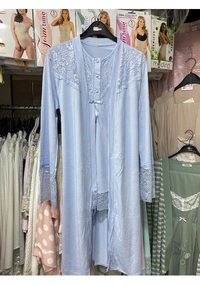 Nehirsel 3022 Mavi Hamile Lohusa 3 Lü Pijama Sabahlık Tk 001