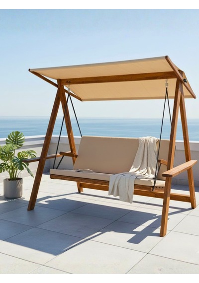 Riva 2100 3 Kişilik Ahşap Bahçe Salıncağı, Balkon ve Teras Salıncağı, Tenteli Camel